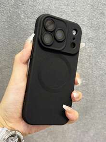 1pc Hadaasi Black Fashionable Magnetic Matte Soft Phone Case, Compatible With IPhone 17 Air 16 116E 15 14 Plus 13 12 11 Pro Max, Glass Lens, Supports Wireless Charging - Black - View 2