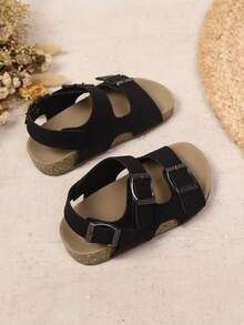 1双儿童简约时尚双扣防滑软底平底凉鞋，适合夏季穿着 - 黑色 - 查看 3