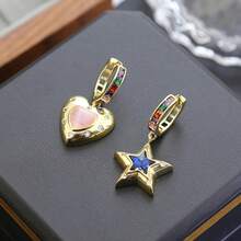 1 Pair Cat Eye Stone Asymmetric Star & Heart Pendant Earrings, Women's Gold-Tone Cubic Zirconia Dangle Earrings, Jewelry Gift For Daily Wear - Multicolor - View 7