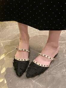 Women's Flat Slip-On Shoes With Rivets, Chunky Heel, Closed Toe, New Style Suitable For Dresses, Pointed Toe Low Heel Rhinestone Soft Leather Mules - Black - View 4