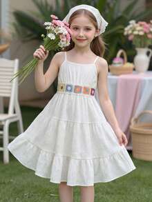 Young Girls Summer New Spaghetti Strap Chiffon Layered Ruffle Casual Dress, Suitable For Vacation And Beach - Apricot - View 1