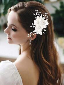 3pcs Bridal Wedding Flower Crystal Pearl Hair Clips, Rhinestone Inlaid Embossed White Flower Hair Accessories - White - View 3