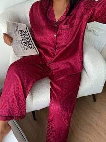 Plus Size Red Leopard Jacquard Long Sleeve & Pants Pajama Set - Red - View 6