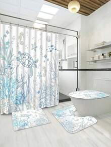 1pc Nautical Coastal Sea Turtle Shower Curtain, Ocean Theme Bathroom Window Curtain With Coral Starfish Seashells, Underwater Seahorse Shower Curtain, Bathroom Decor With 12 Hooks, Bathroom Accessories - Multicolor - View 5