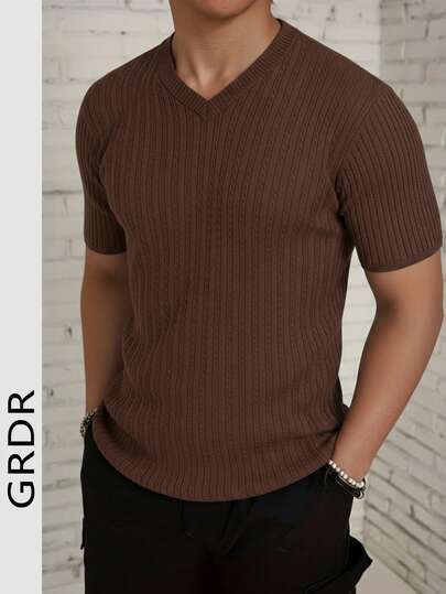  GRDR 男士 V 领罗纹针织短袖衬衫，适合夏季商务聚会，简约百搭