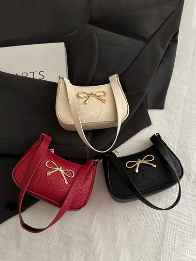 1 Pc Solid Color PU Leather Bow Shoulder Bag, Mini Handbag, Lightweight Zipper Underarm Bag– Ideal For Girls, Teens,Students, Perfect For Daily/Outing/Shopping