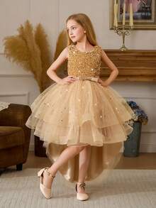 Tween Girl Christmas Elegant Sequin Trailing Tulle Princess Dress, Suitable For Birthday Party, Flower Girl, Wedding, Prom, Holiday Occasions - Champagne - View 1