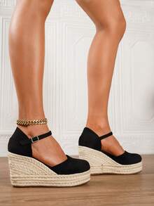 Women's Platform & Thick Bottom Slip-On Espadrille Shoes, Black Round Toe Vacation Beach Woven Strap Sandals, Vacation Rope Bottom Elastic Band Paired With Women's Shoes - Black - View 9