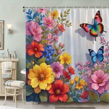 [Colorful Shower Curtain] Vibrant Colorful 1pc Butterfly And Flower Shower Curtain | Metallic Silver Background - 1 cái-Rèm tắm - Xem 4