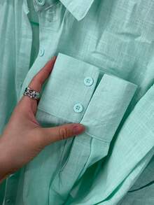 Two-Piece Linen Shirt And Shorts Set, Lined With Elastic. Summer Vacation: Perfect For Celebrating Christmas, New Year's Eve And New Year In Brazil! - 青碧色 - 查看 5