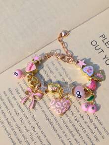 1pc XOXO Heart Charm Bracelet, Cute Pink Bow Heart Bracelet, Pink Leopard Print Heart Bracelet, Pink Cross Bracelet, KISSME Bracelet - Gold - View 6