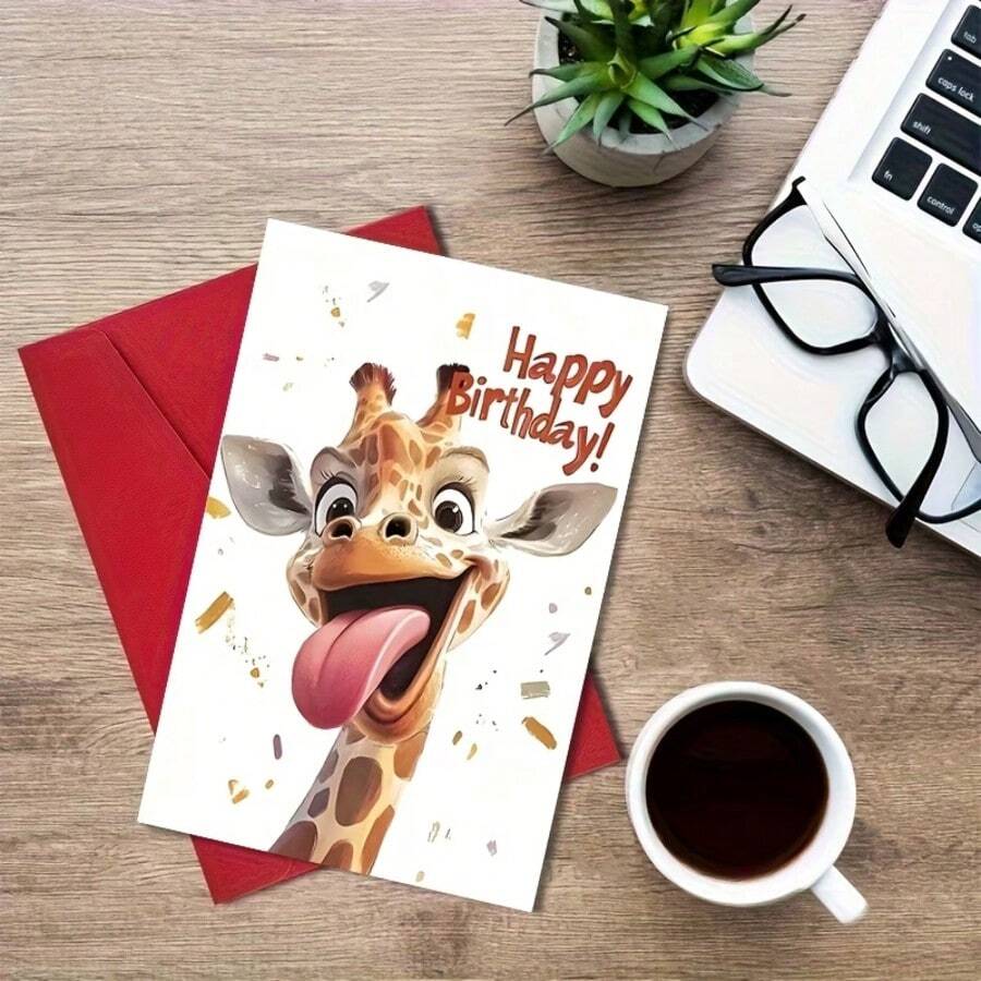 Giraffe Birthday Card With Envelope - Playful Animal Designs With "Happy Birthday!" & "Thank You" Messages, Universal Birthday Greeting For Family, Son, Daughter, Girlfriend, Classmate, All Occasions, Special And Lovely Design
