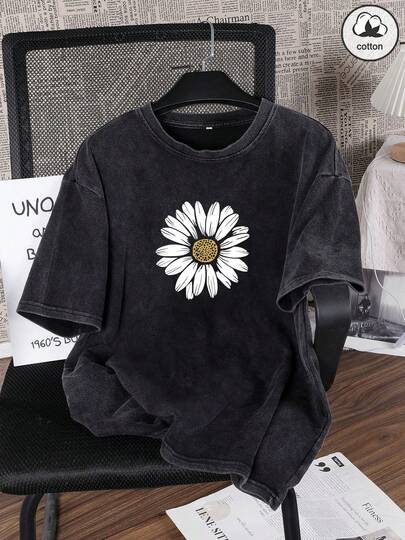 Es Trus Cotton, Summer Women's Fun Printed Hip-Hop "Daisy Flower" Personalized Pattern Printed Street , Korean Style Comfortable Retro Basic Fashionable Commuting Versatile Y2k Clothing Women's Clothing, Suitable For Outdoor Leisure, Regular Niche Punk Style Black Top Loose Round Neck Short Sleeved Plus Size Washed T-Shirt