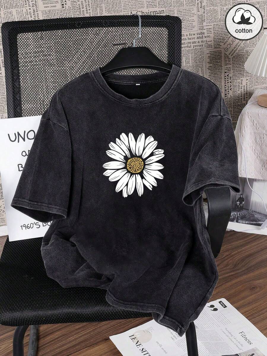 Áo thun nữ mùa hè Es Trus Cotton in họa tiết ngộ nghĩnh phong cách hiphop "Hoa cúc", thoải mái, phong cách retro, thường ngày, đường phố, Hàn Quốc, đa năng, thời trang Y2K, dáng rộng, cổ tròn, tay ngắn, cỡ lớn. - màu đen - Xem 1