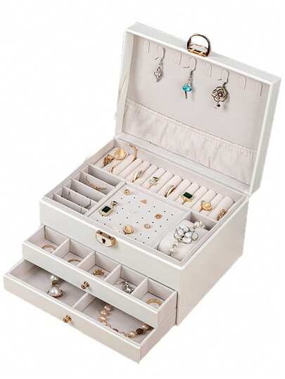 3-Layer PU Leather Jewelry Box, Luxury Large Capacity Jewelry Storage Box, Multi-Layer Lockable Jewelry Box, Multi-Function Storage Box, Ladies Accessory Organizer Box, Drawer Style Jewelry Box, Vanity Organizer, Ring/Earring/Necklace Display Rack, Jewelry And Accessory Storage Box, Gift For Women, Holiday Gift, Christmas Gift