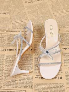 Fashionable Crystal Bow Slip-On High Heel Sandals For Women, Elegant Peep Toe Stiletto Summer Dress Shoes - Beige - View 6