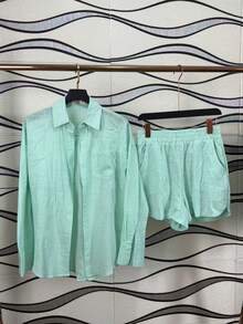 Two-Piece Linen Shirt And Shorts Set, Lined With Elastic. Summer Vacation: Perfect For Celebrating Christmas, New Year's Eve And New Year In Brazil! - 青碧色 - 查看 2