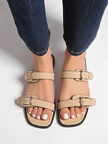 New Summer Flat Buckle Slip-On Slippers For Women, Minimalist Versatile Non-Slip Beach Sandals - Khaki - View 6