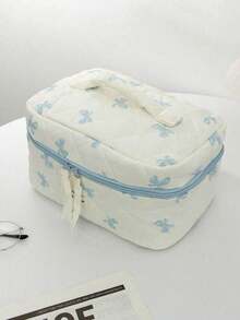 Light Blue Bow Print Large Capacity Makeup Bag, Multi-Functional Cosmetic Organizer Pouch, Wallet Style Storage Bag, Portable Makeup Brush Holder, Zipper Closure Organizer Bag For Skincare, Cosmetics, Lip Balm, Sunscreen, Hand Cream, Earphones, Coins, Stationery, Small Items, Travel Essential, Cruise Essential, Dorm Essential, Cosmetic Bag, Cosmetic Storage Box, Cosmetic Organizer, Clutch, Women's Clutch, Women's Gift, Christmas Gift, Great Gift For Her,Pouch,Makeup Pouch,Travel Essential - Baby Blue - View 17