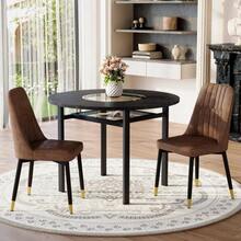 Modern Minimalist Round Table Set (With 2 Brown Technical Fabric Armchairs And Black Metal Legs), 100 Cm Diameter Round Table With Black Wood Look, Suitable For The Living Room. - Khaki - View 9