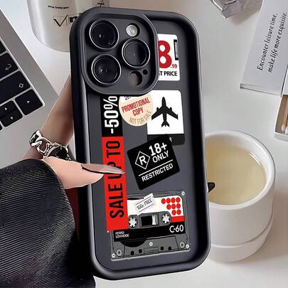 1 pieza Etiqueta de avión Cinta de casete Texto de letra minimalista Estético unisex, Funda suave antideslizante de diseño escalonado con marco de cámara negro mate de cobertura completa, compatible con teléfonos /HONOR/Apple/, versión internacional, no la versión nacional