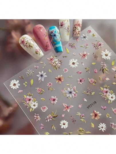 Rosa blommor och löv nagelkonstklistermärken, handmålade blomstermönster, lätta att använda, lämpliga för nagelkonstälskare