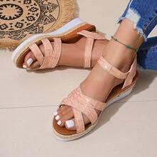 Women's Wedge Sandals With Criss-Cross Crocodile Embossed Leather Upper, Soft Sole, Casual Outdoor Beach Commute Shoes, New Summer Style - Coral Pink - View 3