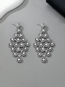 一对时尚简约优雅圆形水钻流苏吊坠耳环，百搭欧式风格 - 彩色 - 查看 4