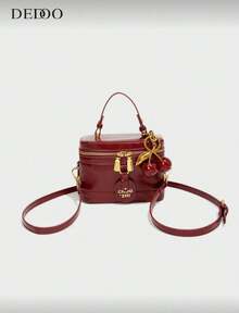 Elegant Chic Solid Color PU Leather Portable Square Bag, Mini PU Bag, Waterproof Burgundy Fabric Bag, Letter Graphic Decor Design Box Bag, Suitable For Travel, Shopping, Party, Commuting, Fashionable Burgundy Bag, Red Bag , Burgundy Bag - 酒紅色 - 查看 1