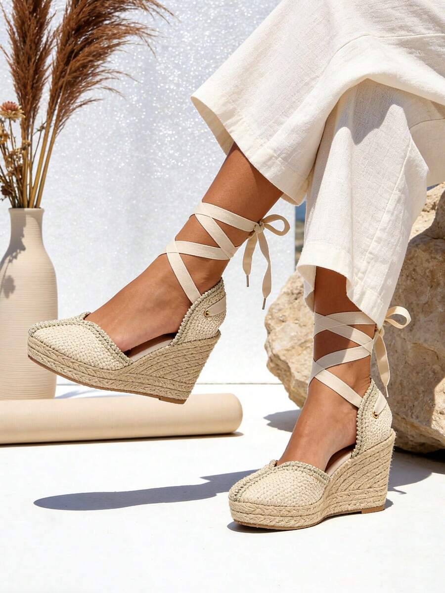 Women's Espadrille Sandals With Platform And High Wedge Heel, Comfortable High Platform And Bohemian Wedge Heel In Braided Wicker Jute Sandals, Ideal For Work, Leisure And Vacations, Versatile For Everyday Wear - 杏色 - 查看 1
