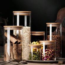 1pc Food Storage Jar With Airtight Wooden Lid, Food Container For Storing Pasta, Nuts, Flour, Kitchen Glass Jar, Pantry Organization And Storage, Glass Jar Width 6.5 - Clear - View 5