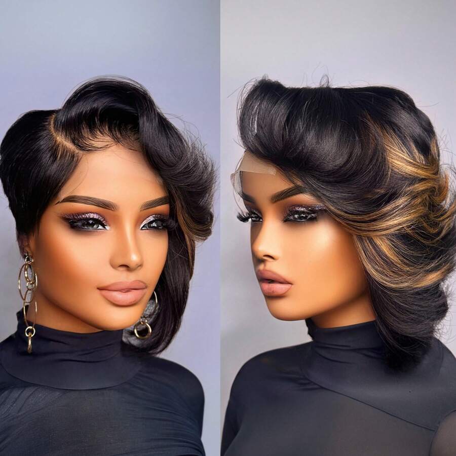 Pixie Cut Wig For Human Hair 1B33 Hair Color 4x4 Lace Frontal WigShort Wigs For Women Human Hair Quick Get Up And Go Wig Short Layered Wig Valentine's Day,Daily Use Glueless Short Real Human Hair Wigs With Bangs Haircut Wig - SNATURAL/33 - 查看 1