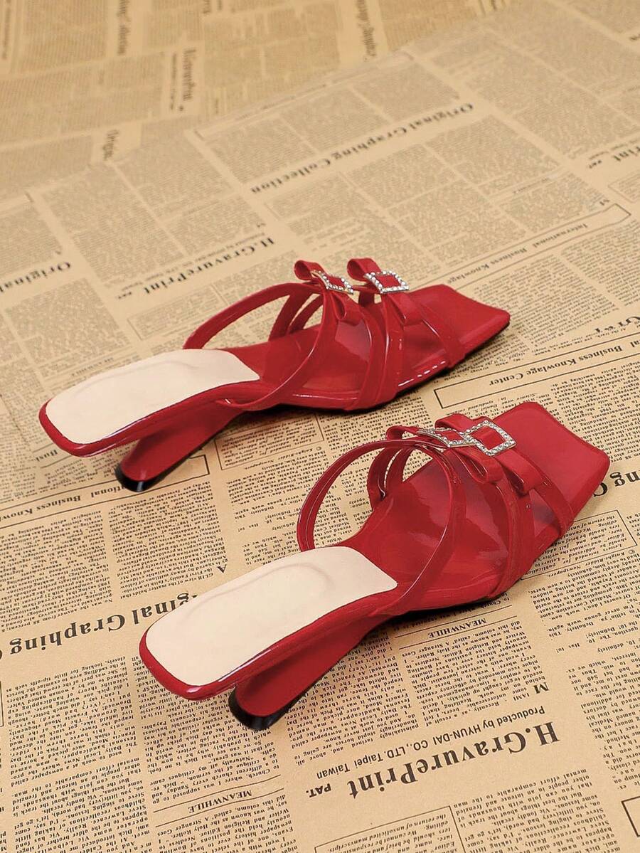 Sandalias de tacón alto con punta cuadrada y tiras cruzadas en rojo, sandalias casuales sin talón tipo mula - Rojo - Ver 1