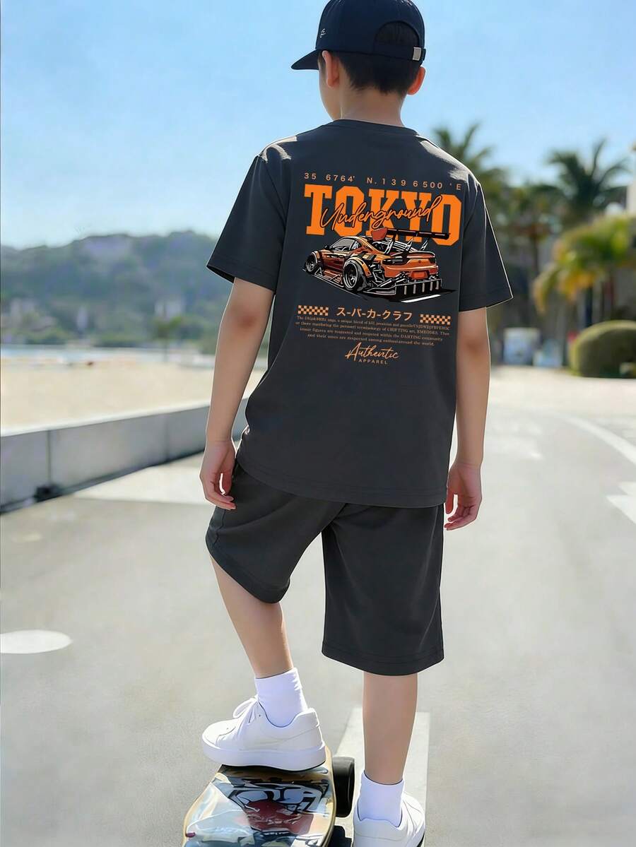 Tween Boy Cartoon Graphic Print Crew Neck Short Sleeve T-Shirt And Shorts Set - Dark Grey - View 1