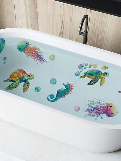 6pcs/Set Bathtub Decoration Anti-Slip Stickers, Creative Whale, Sea Turtle, Jellyfish Pattern Waterproof PVC Matte Bathtub Decals