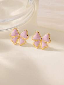 1 Pair Elegant Enamel Bow Earrings, Sweet & Cute Pink/White/Black Bow Earrings For Women - Butterfly - View 3