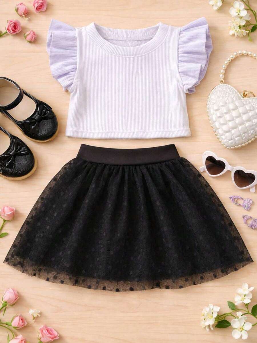 Girls' Outfit Set: Tulle Shorts Skirt With Ruffle And Cropped Top With Ruffled Frills, Pleated, Spring And Summer CJI043 - Black and White - View 1