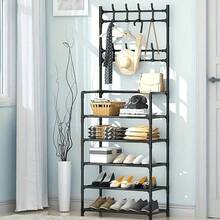 EDVELLA 5 niveles organizador multifuncional vertical, perchero para zapatos y abrigos de 168 cm de alto con 8 ganchos, mueble de almacenamiento para ropa, sombreros y zapatos con estantes de gran capacidad, mueble independiente ahorrador de espacio para entrada, pasillo, oficina y apartamentos pequeños, diseño nórdico moderno - Negro - Ver 6