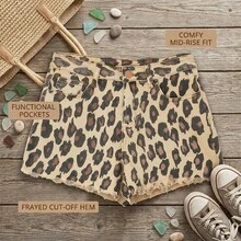 Women's Leopard Print Cut Off Denim Shorts Mid Rise Frayed Hem Comfy Jean Shorts With Pockets Casual Daily Wear Stylish Ladies Summer Shorts For Vacation Weekend Outing - Leopard - Visa 4