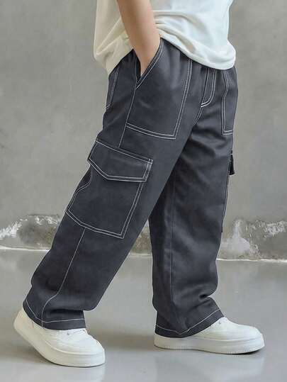 1pc Boys/Teens Casual Solid Color Straight Leg Cargo Pants With Flap Pockets, Versatile For Spring, Summer, Autumn And Winter