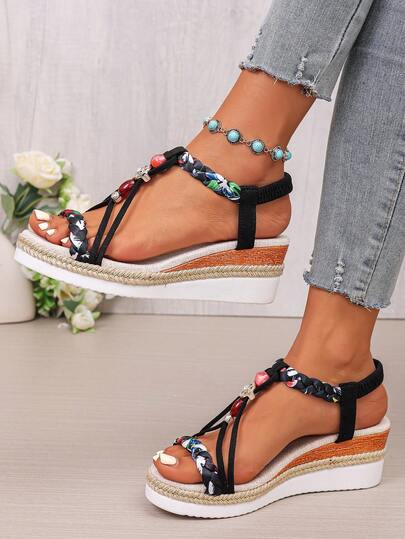 Bohemian Style Thick Platform Wedge Sandals, Women's Colorful Woven Beaded Open Toe Shoes, Summer Holiday Increased Height Slimming Roman Sandals