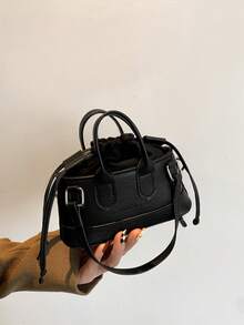 Fashionable Solid Color PU Drawstring Mini Handbag, Metallic Color Crossbody Shell Bag For Women - Black - View 8