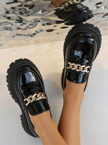 Women's Chunky Heel Loafers, With Metal Buckle Glossy Patent Leather, Comfortable Round Toe Anti-Slip Lugged Sole Slip-On Penny Loafers For Casual, Business, Formal Occasions - Black - View 5