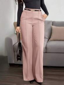 （不含腰带）女士纯色直筒裤，前部褶裥设计，纽扣和拉链闭合，搭配系腰带衬衫和高跟鞋，打造干练的职场造型；或搭配白色T恤和运动鞋，展现休闲优雅的现代风格。 - 粉色 - 查看 2