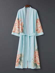 Áo khoác kimono satin kiểu Nhật màu xanh nhạt họa tiết hoa cúc – Kiểu dáng thanh lịch, mở phía trước, nhẹ nhàng, thích hợp cho kỳ nghỉ hè trên bãi biển, mặc ngoài bikini và trang phục mặc nhà thoải mái mùa xuân. - Màu xanh nhạt - Xem 1