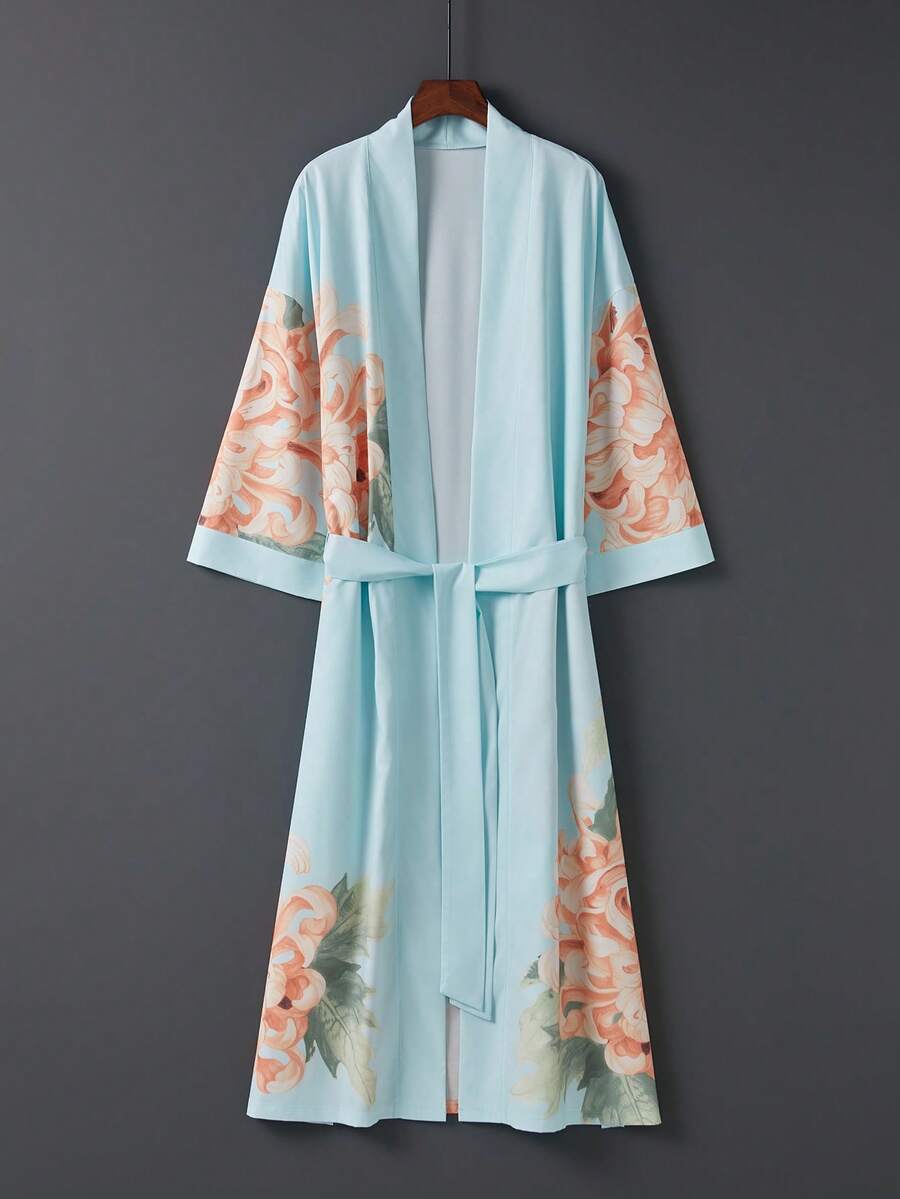 Áo khoác kimono satin kiểu Nhật màu xanh nhạt họa tiết hoa cúc – Kiểu dáng thanh lịch, mở phía trước, nhẹ nhàng, thích hợp cho kỳ nghỉ hè trên bãi biển, mặc ngoài bikini và trang phục mặc nhà thoải mái mùa xuân. - Màu xanh nhạt - Xem 1