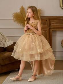 Tween Girl Christmas Elegant Sequin Trailing Tulle Princess Dress, Suitable For Birthday Party, Flower Girl, Wedding, Prom, Holiday Occasions - Champagne - View 4