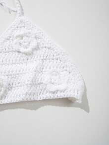 Sexy Beach Vacation Style Hollow Out Knit Tie-Up Bikini Set - White - View 7