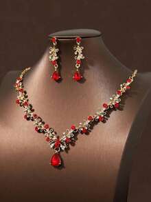 3-Piece Bridal Wedding Necklace Earrings Set & Elegant Party Accessories Combo For Women - 紅色底金色背景 - 查看 2