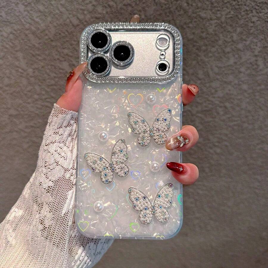 高級水鑽白色珍珠愛心蝴蝶手機殼，適用於 iPhone 18 Pro Max/18 Pro/18/17 Pro Max/17 Pro/17 Air/17/16 Pro Max/16/16 Pro/16 Plus/15/15 Pro Max/15 Pro/15 Plus/11/12/13/14 Pro Max/11 Pro/11 Pro Max/12 Pro/12 Pro Max/13 Pro/13 Pro Max/7 Plus/14 Pro/14 Pro Max/14 Plus，壓克力硬殼創意設計